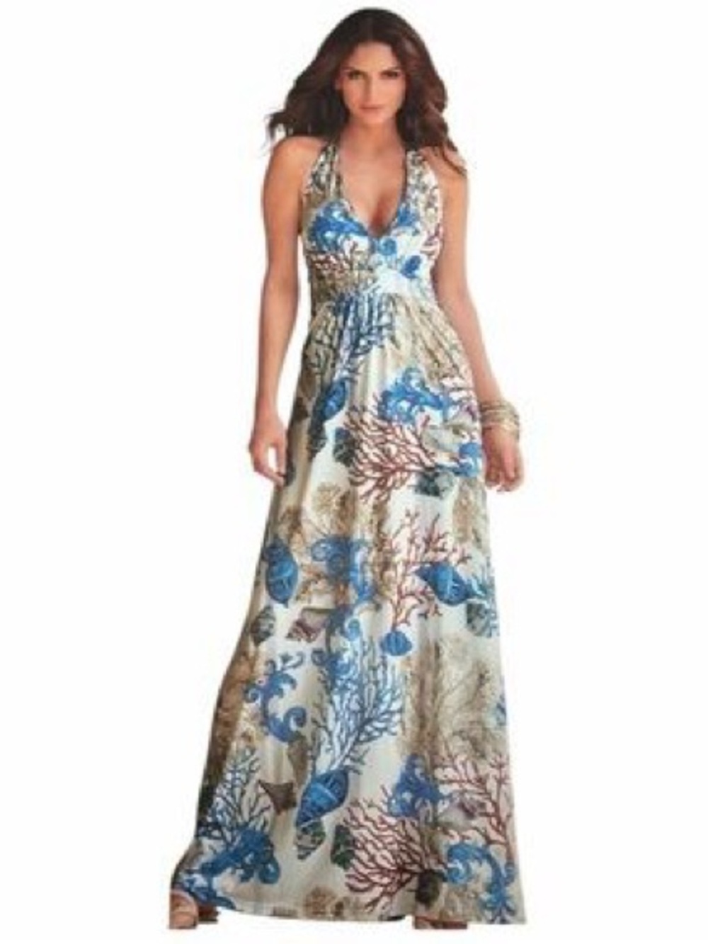 Boston Proper Cream Maxi Dress with Blue Coral sea shell Print